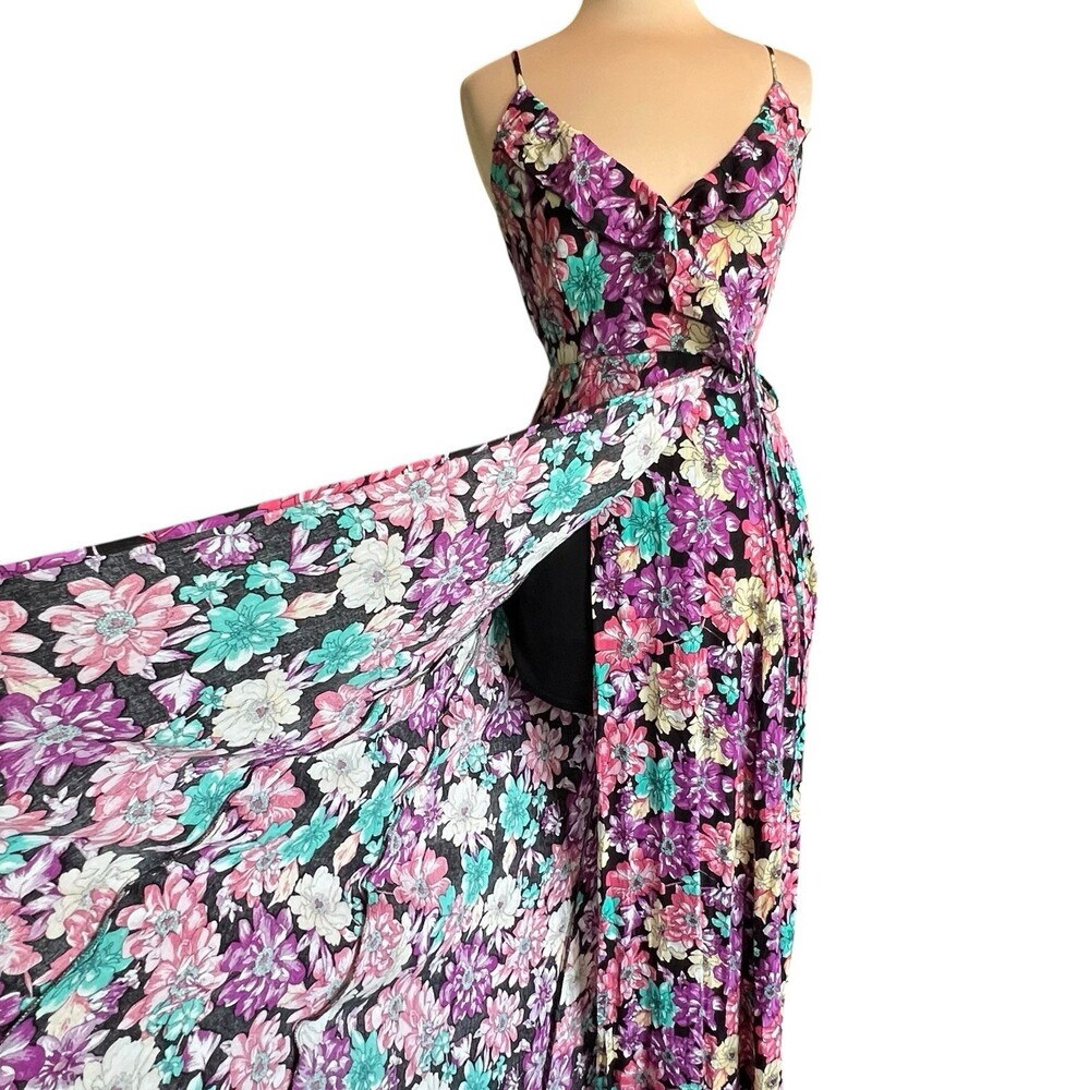 NWT Olivia Grey Floral Maxi Wrap Dress Small Black Pink Purple Ruffle Sleeveless - Picture 2 of 14